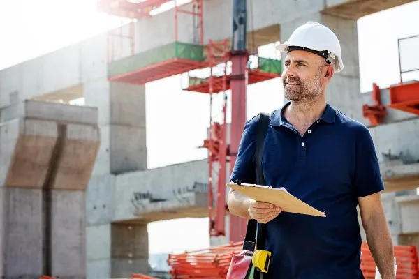 Bauleiter auf einer Baustelle in Köln, der den Fortschritt von Trockenbauarbeiten überwacht.
