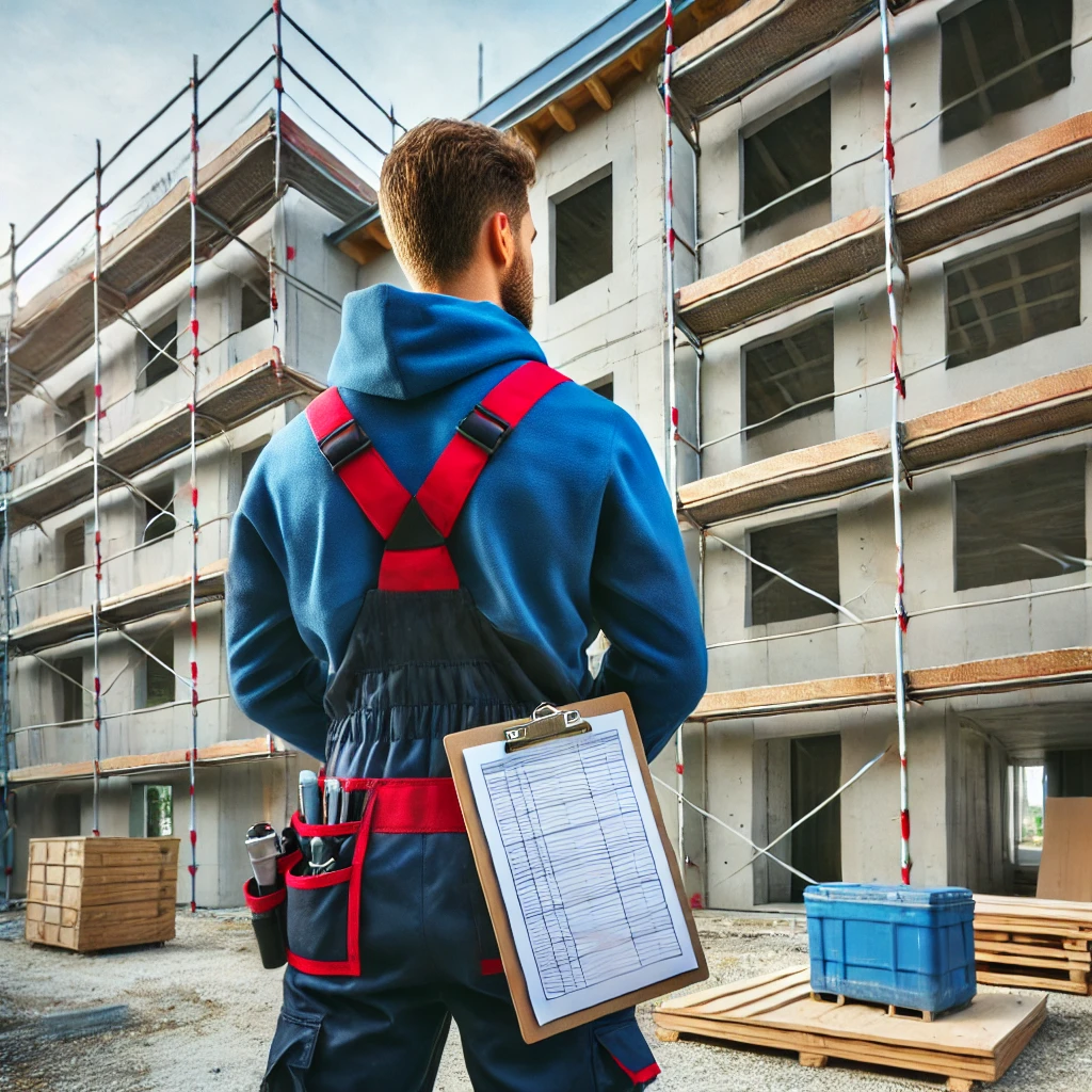 Ein Handwerker in rot-blauer Arbeitskleidung mit einem Klemmbrett steht vor einer Außenfassade im Trockenbau Leverkusen.